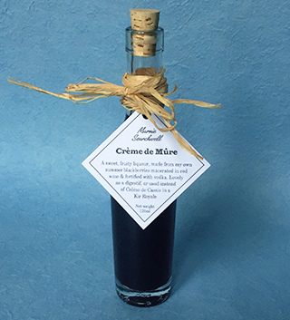 Crème de Mûre: A deep red liqueur, packed with luscious fruit flavour. Made with allotment blackberries, red wine and vodka, it's perfect just as it is, in a cocktail, or instead of Crème de Cassis in a Kir Royal 