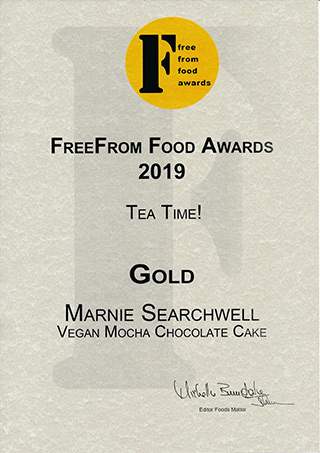 My vegan, gluten-free Mocha Chocolate Cake was awarded Gold at the 2019 FreeFrom Food Awards 