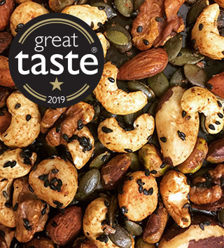 Award-winning spiced nuts: the finest organic nuts and seeds in a salty-sweet spicy mix. Gently baked in the oven until crunchy and golden. All ingredients gluten free
