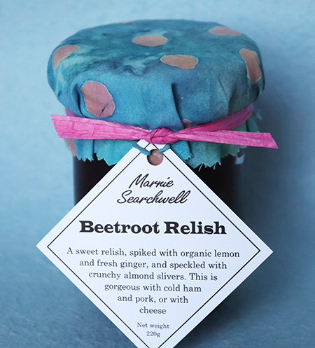 Beetroot Relish: Sweetly spiked with organic lemon and fresh ginger, and speckled with crunchy almond slivers. Gorgeous with cold ham and pork, or with cheese. Finished with a fabulous fabric topper tied with paper ribbon 