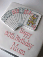 A moist glutenfree, wheatfree sponge cake for a very special birthday. Made with organic ingredients, filled with organic buttercream, covered with smooth white icing and decorated with playing card design and piped message. This birthday cake delivered by post in south east England 