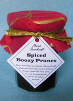 380ml jar of Spiced Boozy Prunes: Organic pitted prunes preserved in syrup with whole spices: vanilla pod, star anise, cinnamon bark and bay leaf, and a slug of Appleton Jamaica Rum. Gorgeous on their own or with a dollop of creme fraiche as a dessert, fabulous with creamy rice pudding or on your breakfast porridge. Try them with pork, or in cock-a-leekie soup. Fabulous fabric topper tied with gold paper ribbon. 500ml le Parfair jar also available 