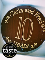Award-winning rich chocolate cake made with gluten free ingredients: organic ground almonds and Fairtrade dark chocolate and Appleton Jamaica Rum. Covered with dark chocolate ganache and decorated with piped birthday message in organic white chocolate. All ingredients gluten-free. Available diary free