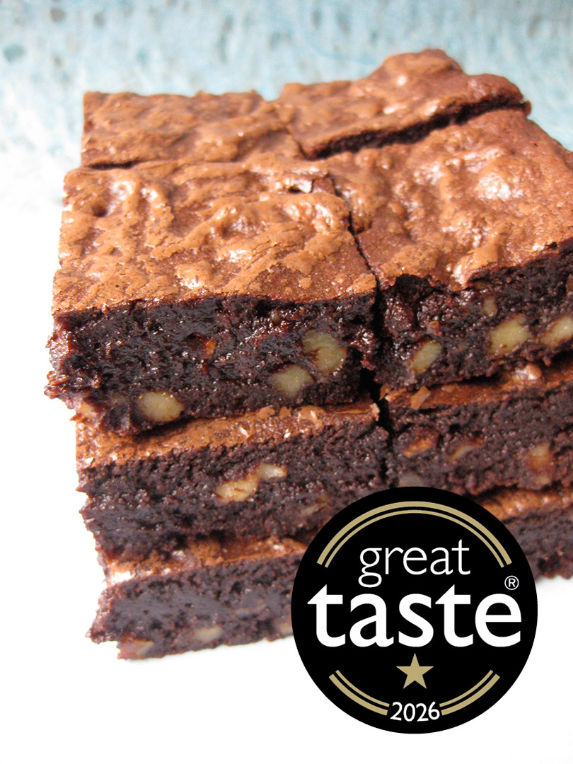 Gluten free brownies, made with organic cocoa and crunchy walnuts