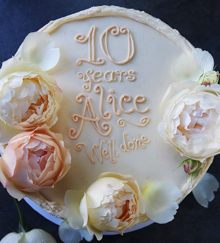Gluten free celebration cakes – all shapes and flavours. This one is a luscious lemon cake, filled & frosted with zesty lemon buttercream, and decorated with unsprayed edible roses, in season. All ingredients gluten-free. Celebration cakes made without butter and eggs are also available
